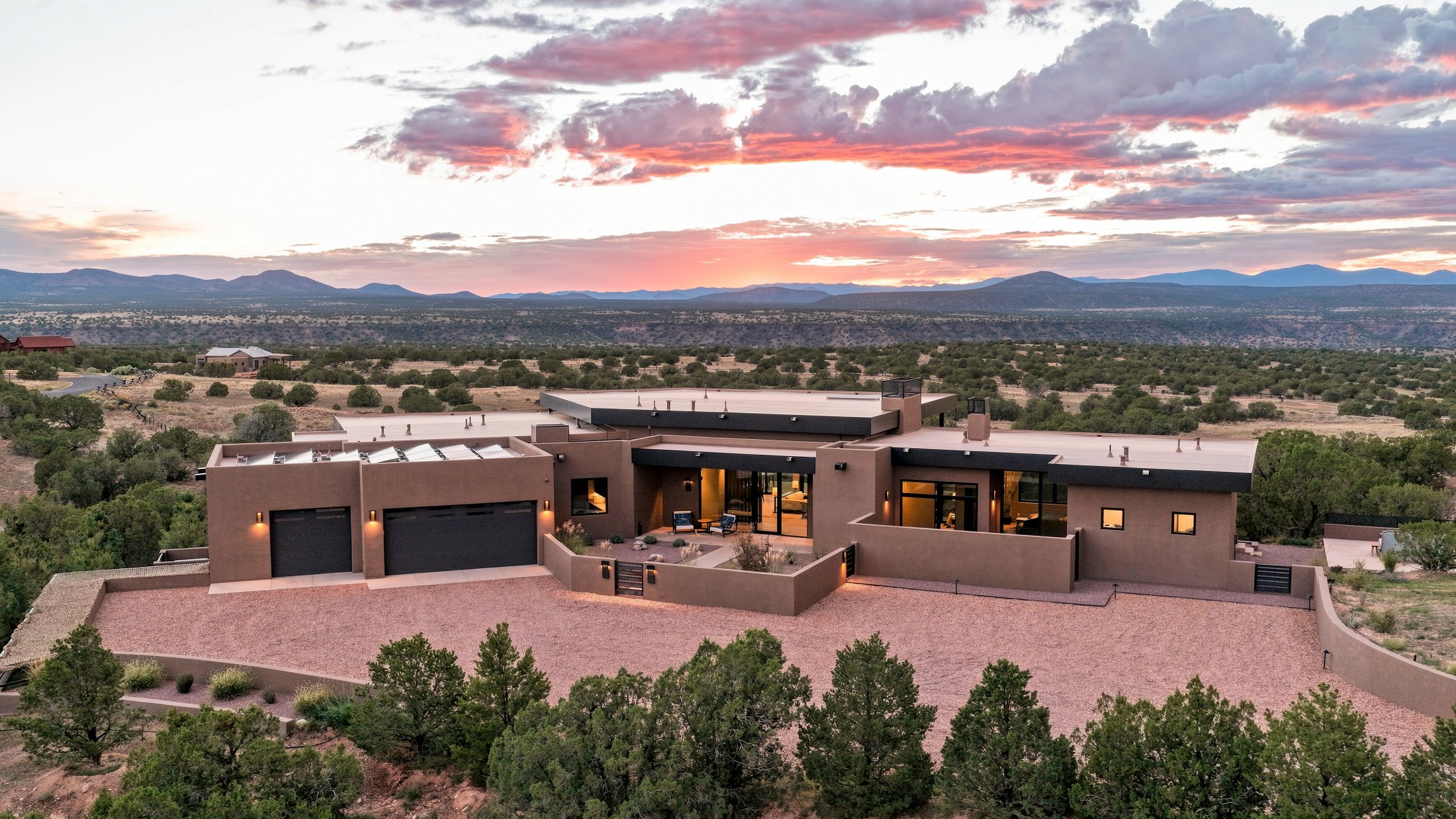Zen from the air at sunset, pink clouds over the mesa