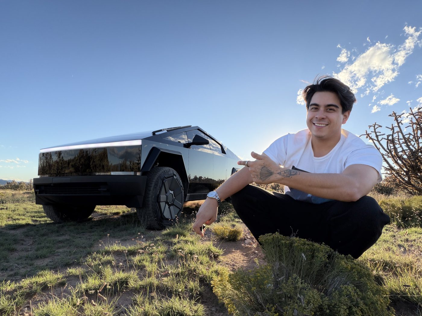 Aram with his Cybertruck in the New Mexico high desert