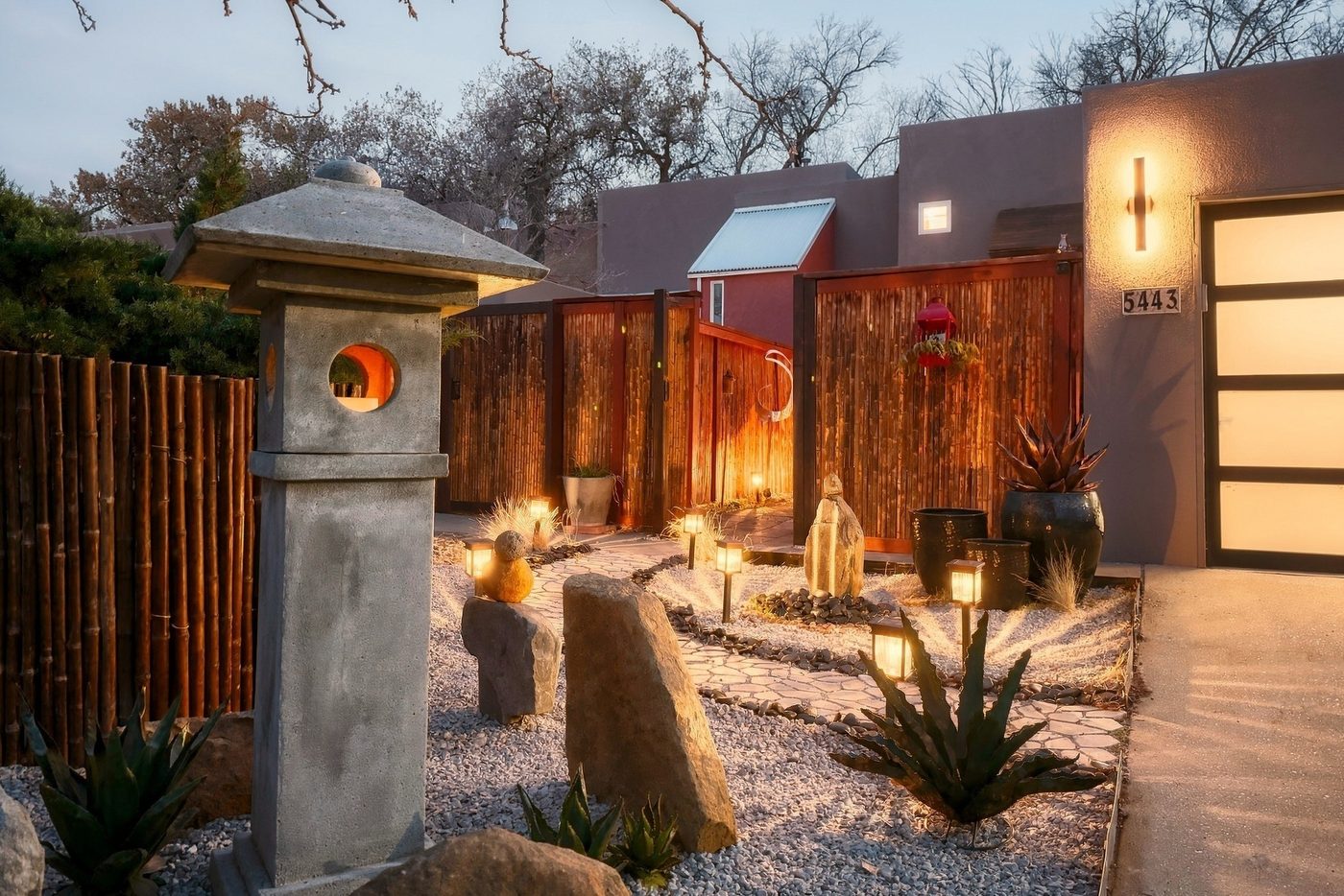 AirZen, a Japanese-inspired townhouse garden at dusk